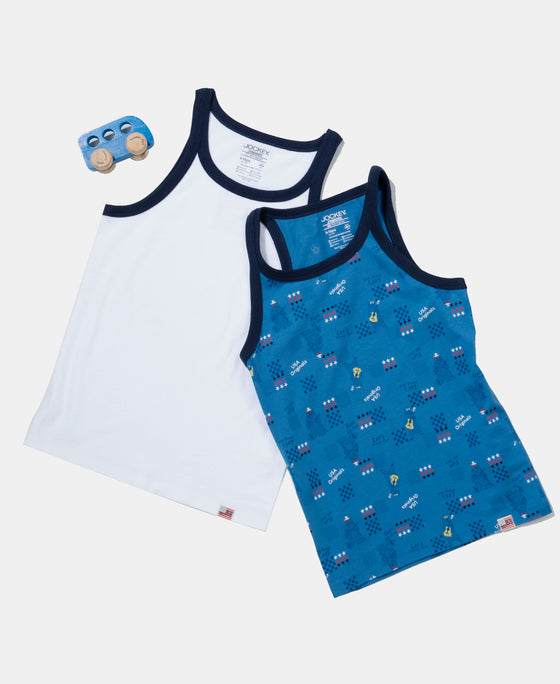 Super Combed Cotton Printed Round Neck Sleeveless Vest - Vallarta Blue & White (Pack of 2)