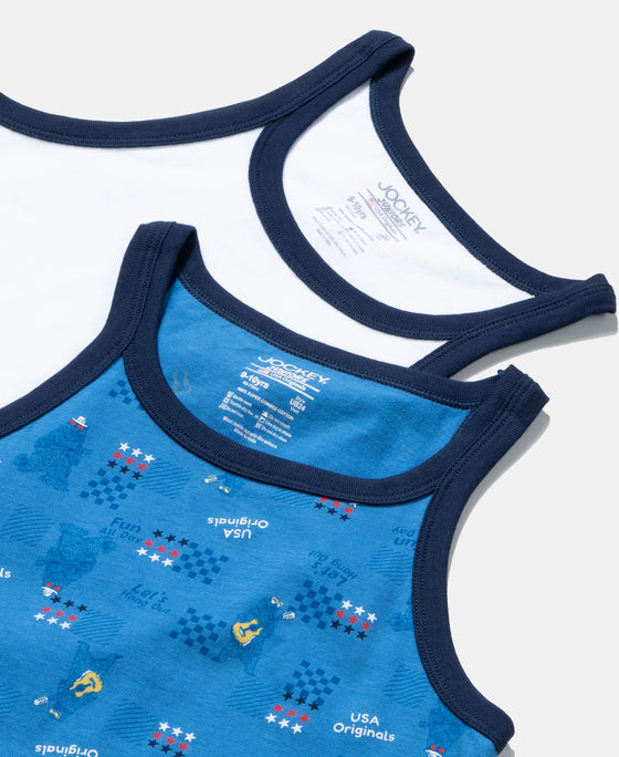 Super Combed Cotton Printed Round Neck Sleeveless Vest - Vallarta Blue & White (Pack of 2)