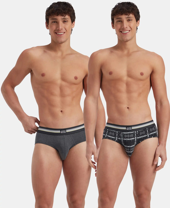 Super Combed Cotton Elastane Stretch Printed Brief with Ultrasoft Waistband - Charcoal Melange Print (Pack of 2)