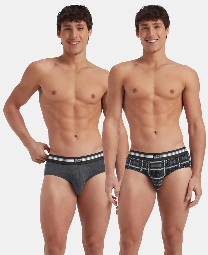 Super Combed Cotton Elastane Stretch Printed Brief with Ultrasoft Waistband - Charcoal Melange Print (Pack of 2)