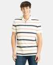Super Combed Cotton Rich Striped Half Sleeve Polo T-Shirt - Almond Milk, Navy & Cinnabar