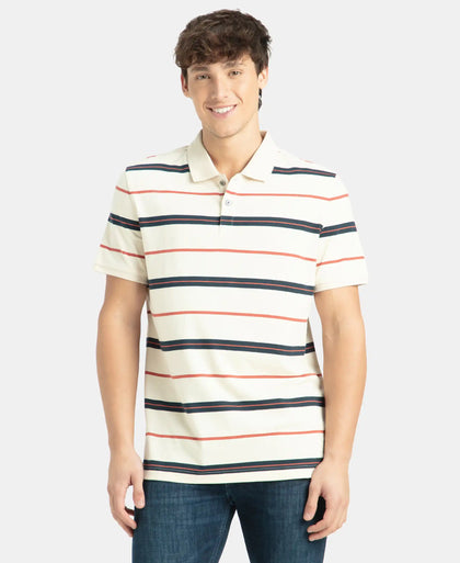 Super Combed Cotton Rich Striped Half Sleeve Polo T-Shirt - Almond Milk, Navy & Cinnabar