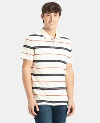 Super Combed Cotton Rich Striped Half Sleeve Polo T-Shirt - Almond Milk, Navy & Cinnabar