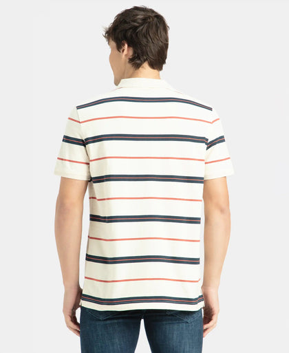 Super Combed Cotton Rich Striped Half Sleeve Polo T-Shirt - Almond Milk, Navy & Cinnabar