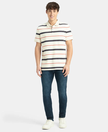 Super Combed Cotton Rich Striped Half Sleeve Polo T-Shirt - Almond Milk, Navy & Cinnabar