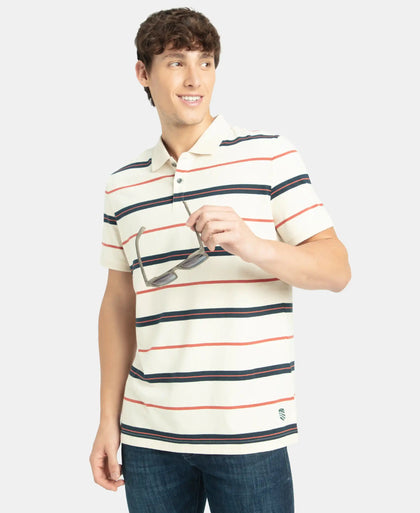 Super Combed Cotton Rich Striped Half Sleeve Polo T-Shirt - Almond Milk, Navy & Cinnabar