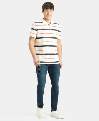 Super Combed Cotton Rich Striped Half Sleeve Polo T-Shirt - Almond Milk, Navy & Cinnabar