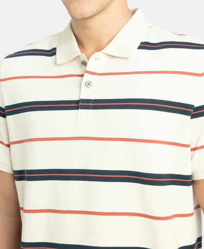 Super Combed Cotton Rich Striped Half Sleeve Polo T-Shirt - Almond Milk, Navy & Cinnabar