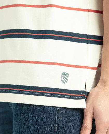 Super Combed Cotton Rich Striped Half Sleeve Polo T-Shirt - Almond Milk, Navy & Cinnabar