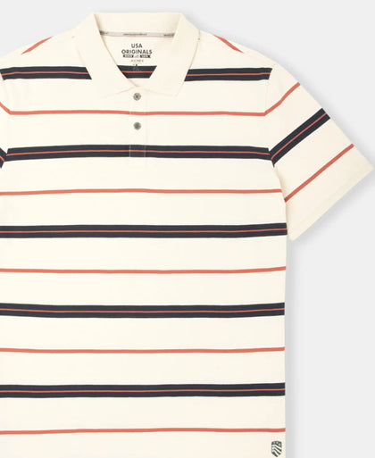 Super Combed Cotton Rich Striped Half Sleeve Polo T-Shirt - Almond Milk, Navy & Cinnabar