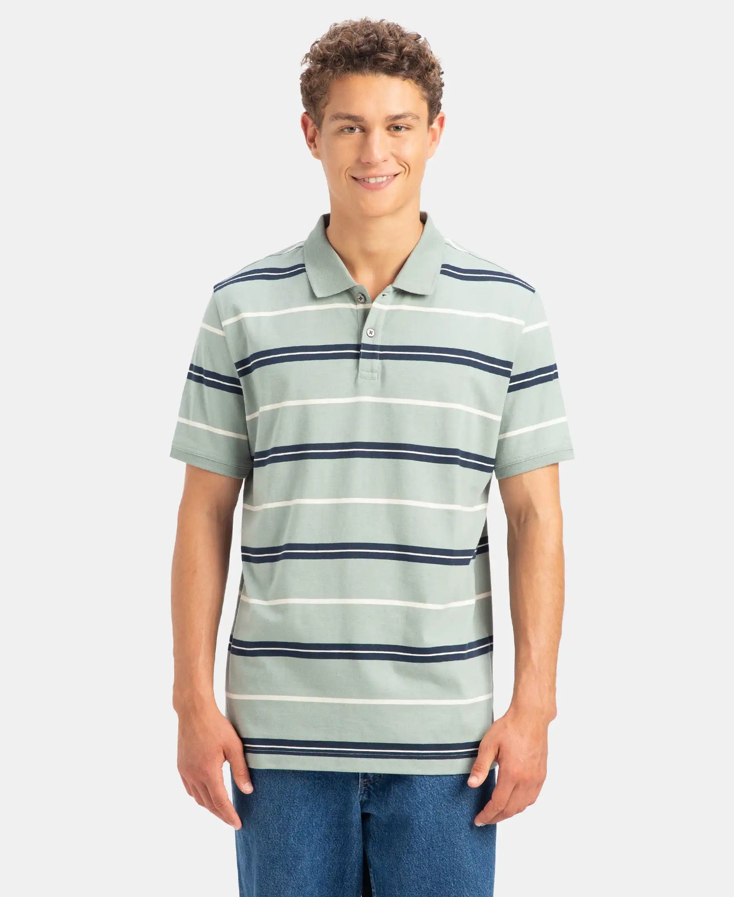 Super Combed Cotton Rich Striped Half Sleeve Polo T-Shirt - Iceberg Green, Navy & Almond
