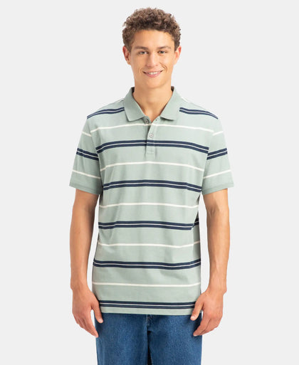 Super Combed Cotton Rich Striped Half Sleeve Polo T-Shirt - Iceberg Green, Navy & Almond