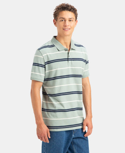 Super Combed Cotton Rich Striped Half Sleeve Polo T-Shirt - Iceberg Green, Navy & Almond