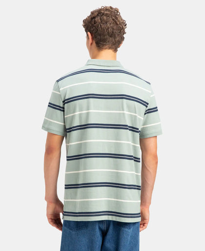 Super Combed Cotton Rich Striped Half Sleeve Polo T-Shirt - Iceberg Green, Navy & Almond