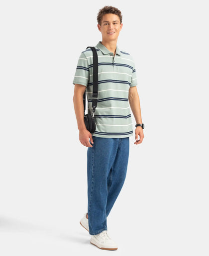 Super Combed Cotton Rich Striped Half Sleeve Polo T-Shirt - Iceberg Green, Navy & Almond