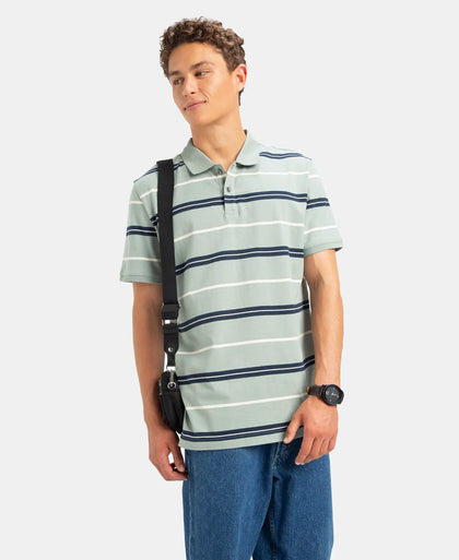 Super Combed Cotton Rich Striped Half Sleeve Polo T-Shirt - Iceberg Green, Navy & Almond