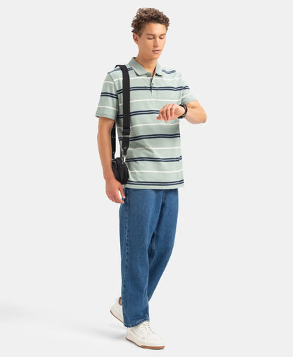 Super Combed Cotton Rich Striped Half Sleeve Polo T-Shirt - Iceberg Green, Navy & Almond