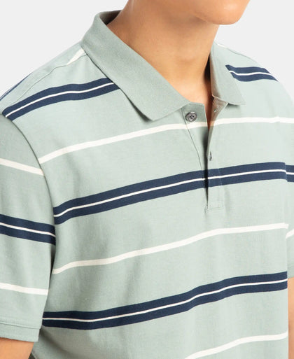 Super Combed Cotton Rich Striped Half Sleeve Polo T-Shirt - Iceberg Green, Navy & Almond