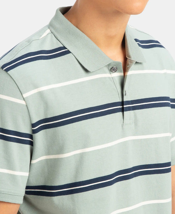 Super Combed Cotton Rich Striped Half Sleeve Polo T-Shirt - Iceberg Green, Navy & Almond