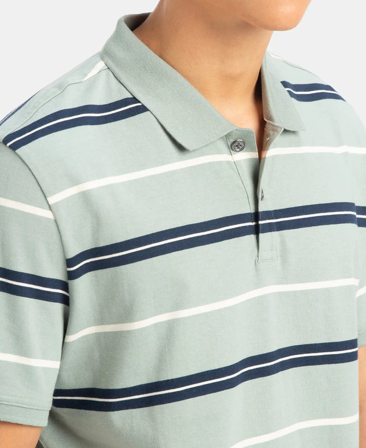 Super Combed Cotton Rich Striped Half Sleeve Polo T-Shirt - Iceberg Green, Navy & Almond