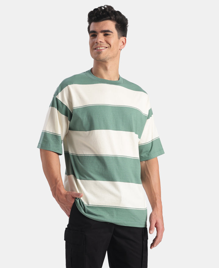 Super Combed Cotton Rich Striped Oversized Tshirt - Ecru & Green Spruce