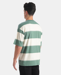 Super Combed Cotton Rich Striped Oversized Tshirt - Ecru & Green Spruce