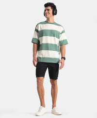 Super Combed Cotton Rich Striped Oversized Tshirt - Ecru & Green Spruce