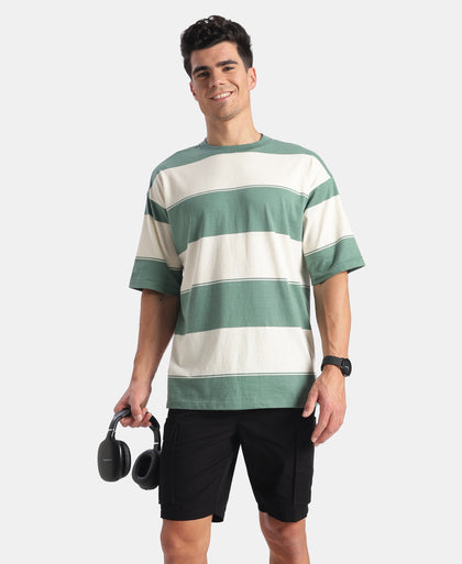 Super Combed Cotton Rich Striped Oversized Tshirt - Ecru & Green Spruce