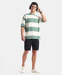 Super Combed Cotton Rich Striped Oversized Tshirt - Ecru & Green Spruce