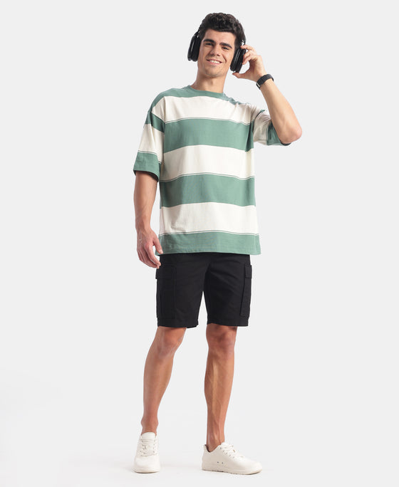 Super Combed Cotton Rich Striped Oversized Tshirt - Ecru & Green Spruce