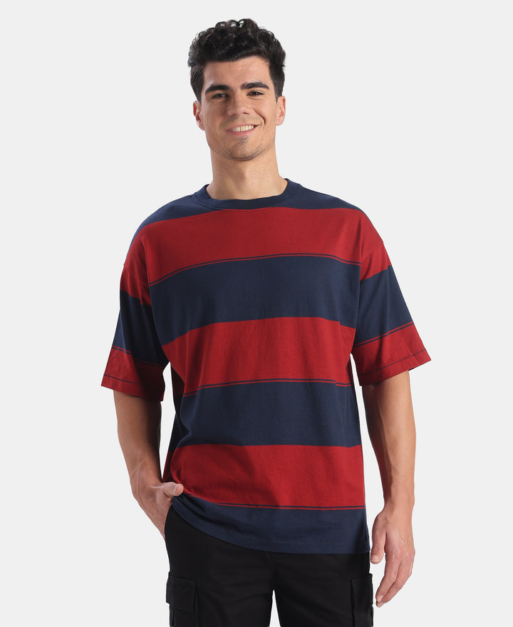 Super Combed Cotton Rich Striped Oversized Tshirt - Navy & Sundried Tomato