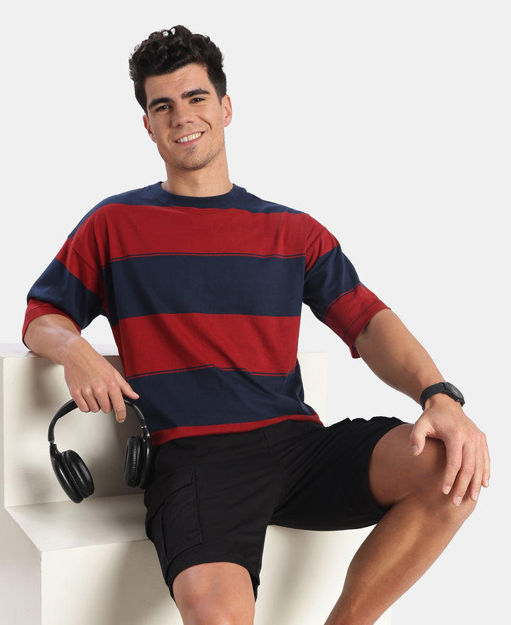 Super Combed Cotton Rich Striped Oversized Tshirt - Navy & Sundried Tomato
