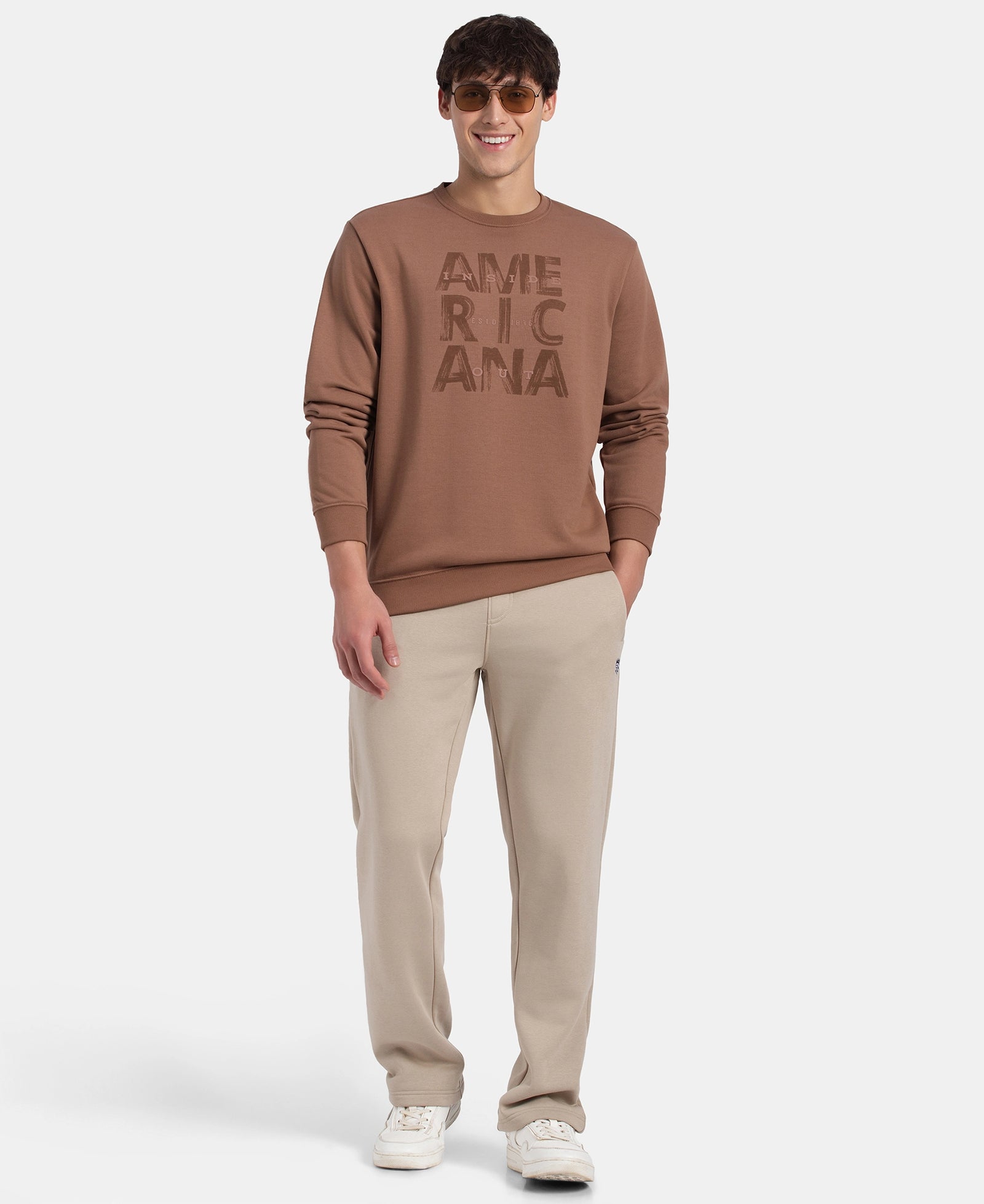 Super Combed Cotton Rich French Terry Printed Sweatshirt with Ribbed Cuffs - Acorn