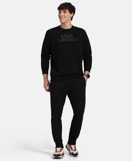Super Combed Cotton Rich French Terry Printed Sweatshirt with Ribbed Cuffs - Black