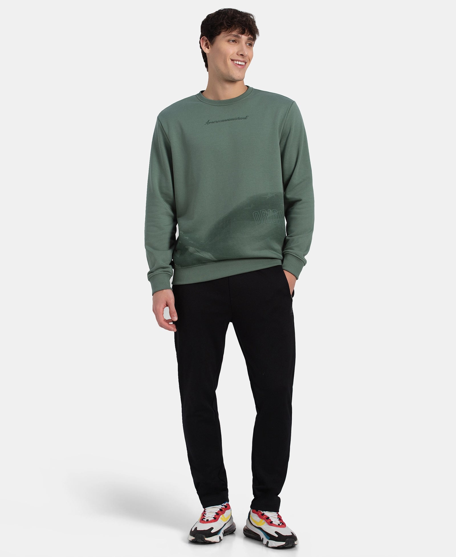 Super Combed Cotton Rich French Terry Printed Sweatshirt with Ribbed Cuffs - Dark Forest
