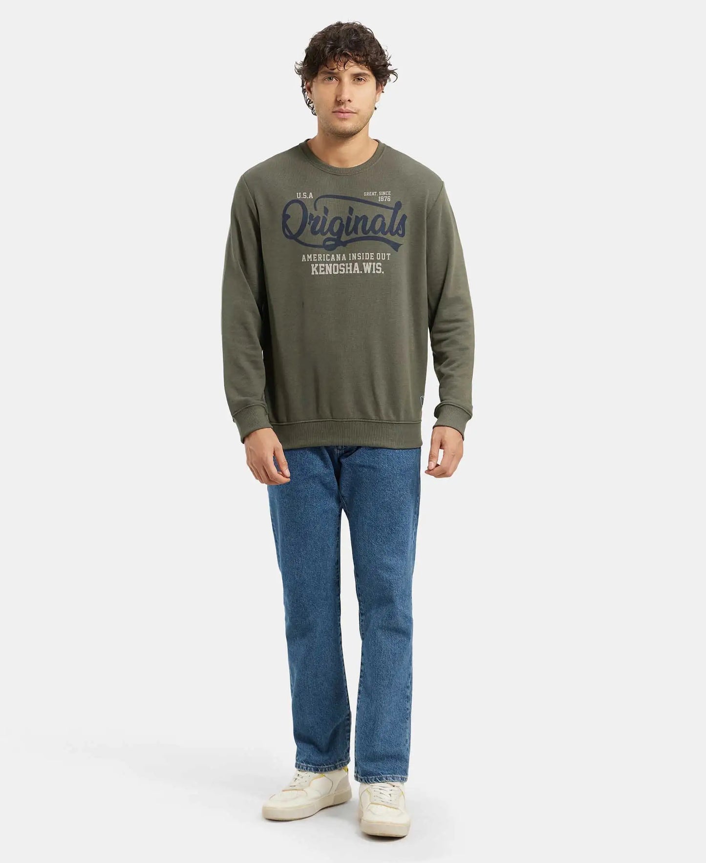 Super Combed Cotton Rich French Terry Printed Sweatshirt with Ribbed Cuffs - Deep Olive-4