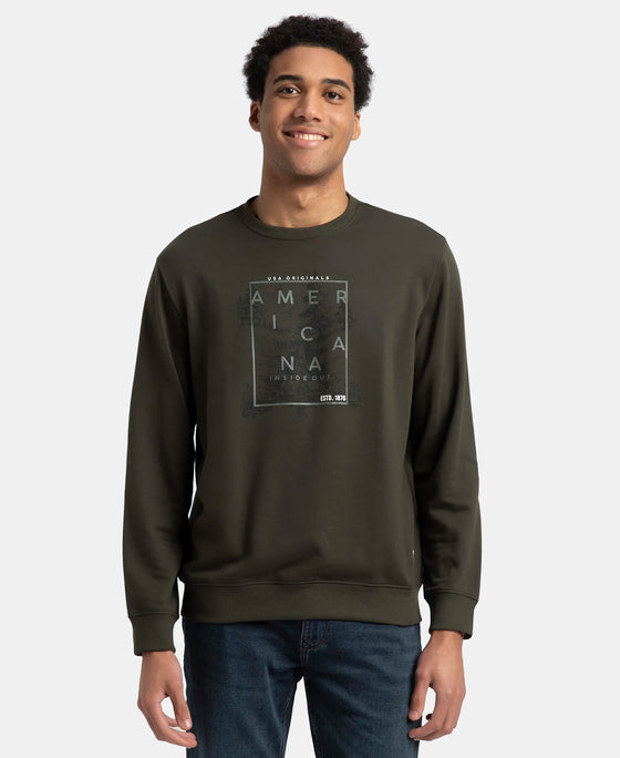 Super Combed Cotton Rich French Terry Printed Sweatshirt with Ribbed Cuffs - Deep Olive
