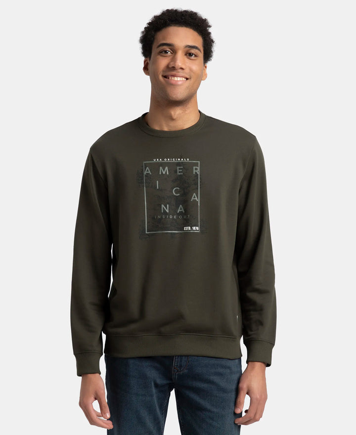 Super Combed Cotton Rich French Terry Printed Sweatshirt with Ribbed Cuffs - Deep Olive