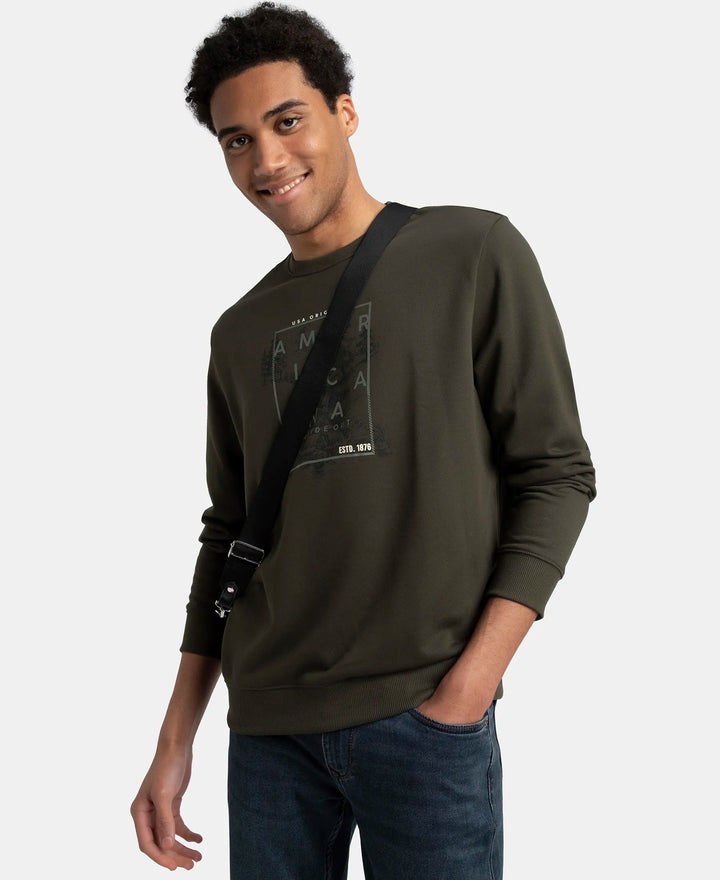 Super Combed Cotton Rich French Terry Printed Sweatshirt with Ribbed Cuffs - Deep Olive