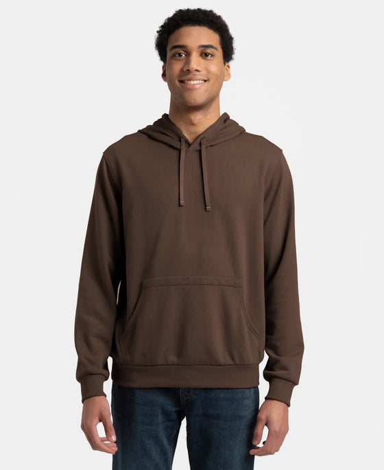 Super Combed Cotton Rich French Terry Hoodie Sweatshirt with Ribbed Cuffs - Dark Khaki