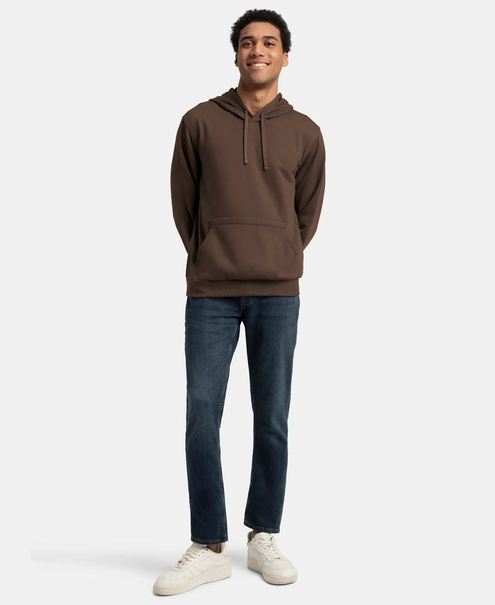 Super Combed Cotton Rich French Terry Hoodie Sweatshirt with Ribbed Cuffs - Dark Khaki