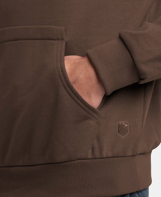 Super Combed Cotton Rich French Terry Hoodie Sweatshirt with Ribbed Cuffs - Dark Khaki
