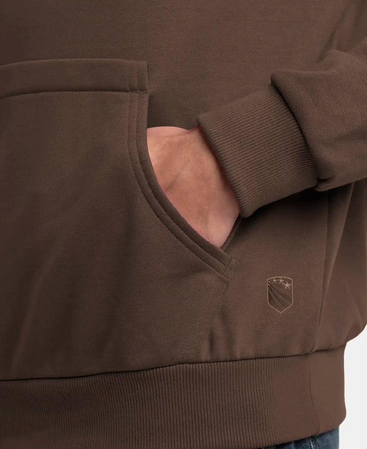 Super Combed Cotton Rich French Terry Hoodie Sweatshirt with Ribbed Cuffs - Dark Khaki