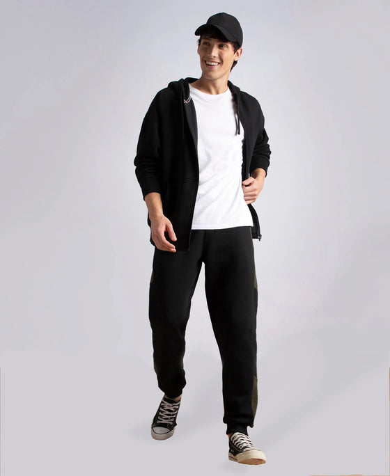 Super Combed Cotton Rich Fleece Fabric Regular Fit Jogger with Zipper Pockets - Black