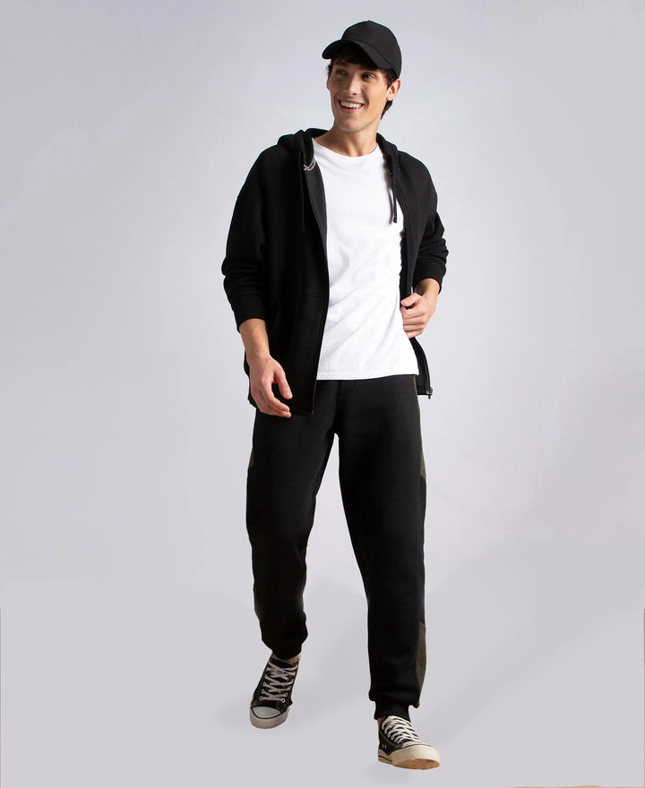 Super Combed Cotton Rich Fleece Fabric Regular Fit Jogger with Zipper Pockets - Black