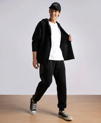 Super Combed Cotton Rich Fleece Fabric Regular Fit Jogger with Zipper Pockets - Black