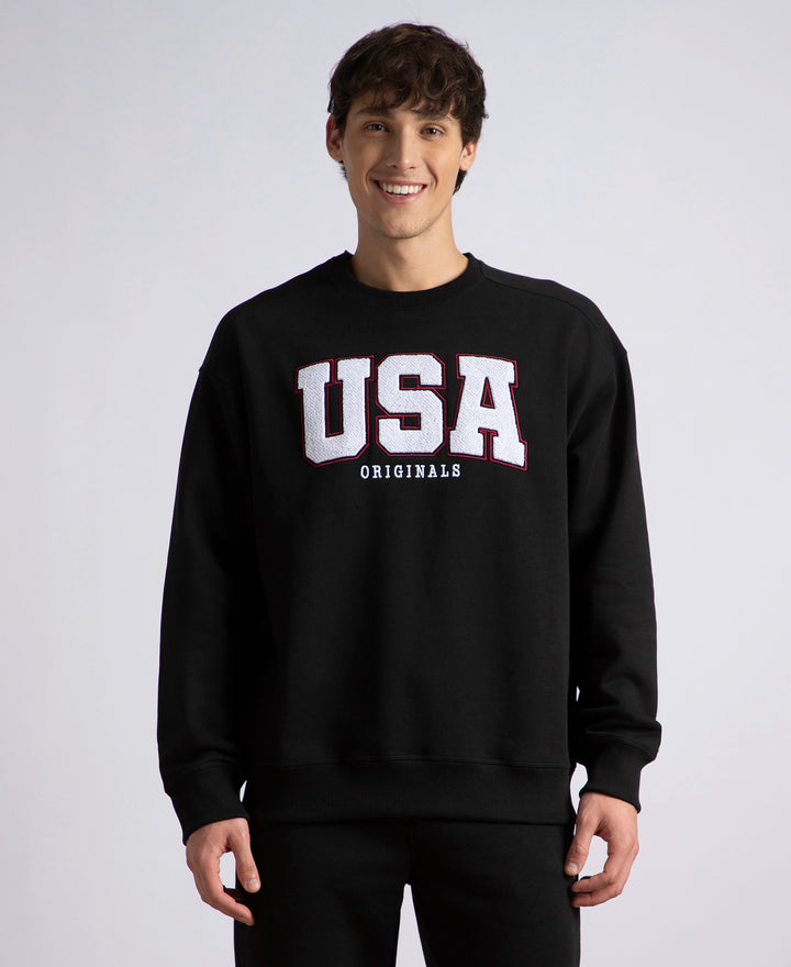 Super Combed Cotton Rich Fleece Printed Sweatshirt with StayWarm Technology - Black