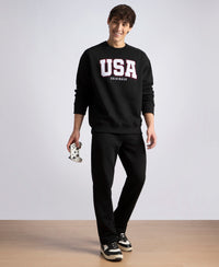 Super Combed Cotton Rich Fleece Printed Sweatshirt with StayWarm Technology - Black
