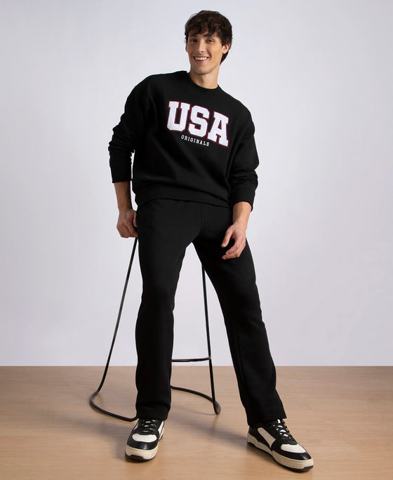 Super Combed Cotton Rich Fleece Printed Sweatshirt with StayWarm Technology - Black