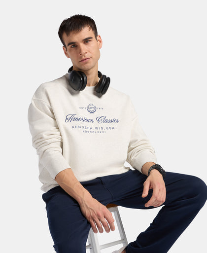 Super Combed Cotton Rich Fleece Printed Sweatshirt with StayWarm Technology - Off White Melange
